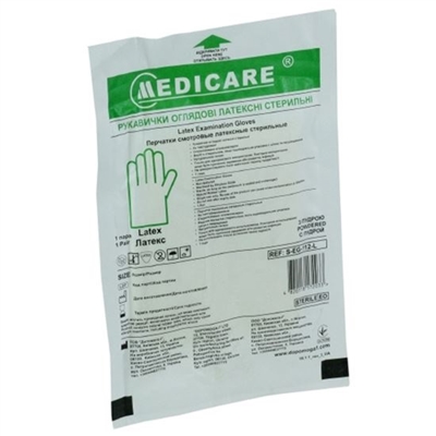 Перчатки смотровые Medicare латексные с пудрой стерильные, размер M, пара