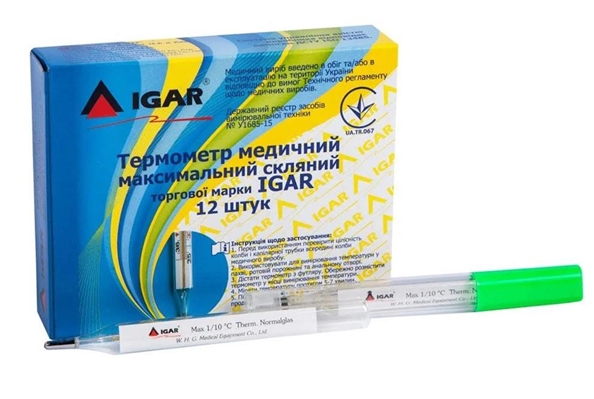 Термометр медицинский IGAR максимальный ртутный, стеклянный, 1 штука
